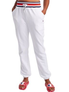 Champion White Joggers with Red and Navy Striped Waistband